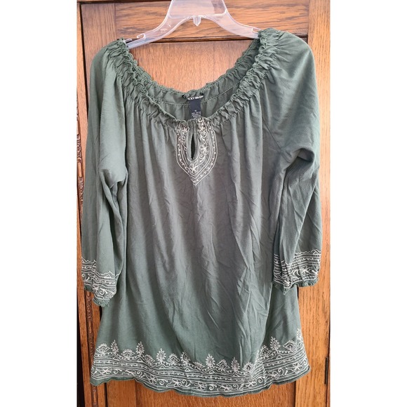 Lucky Brand Tops - Lucky Brand Womens XL Olive Green Embroidered Cotton Peasant Blouse 7W60465